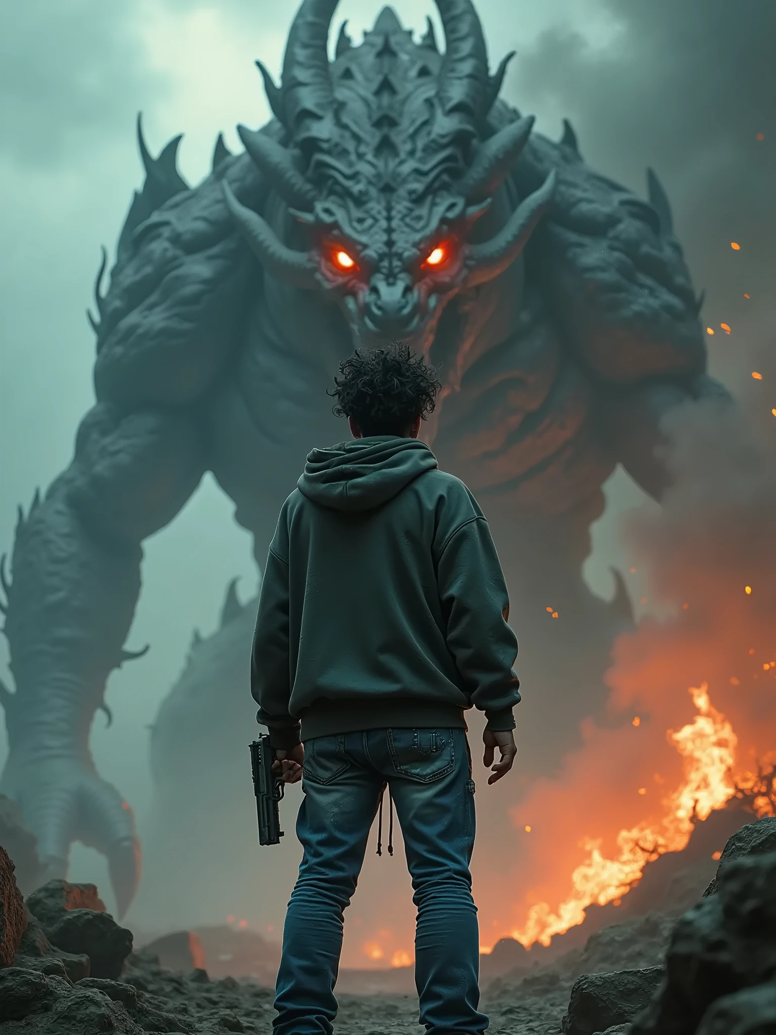 A very detailed painting，Depicts a man on a hill gazing at a giant alien monster, author：Shinkai Makoto, By Art Jem, From Wlop, author：Greg Rutkowski, Volumetric Lighting, Octane Rendering, 4K resolution, Popular on artstation, masterpiece 