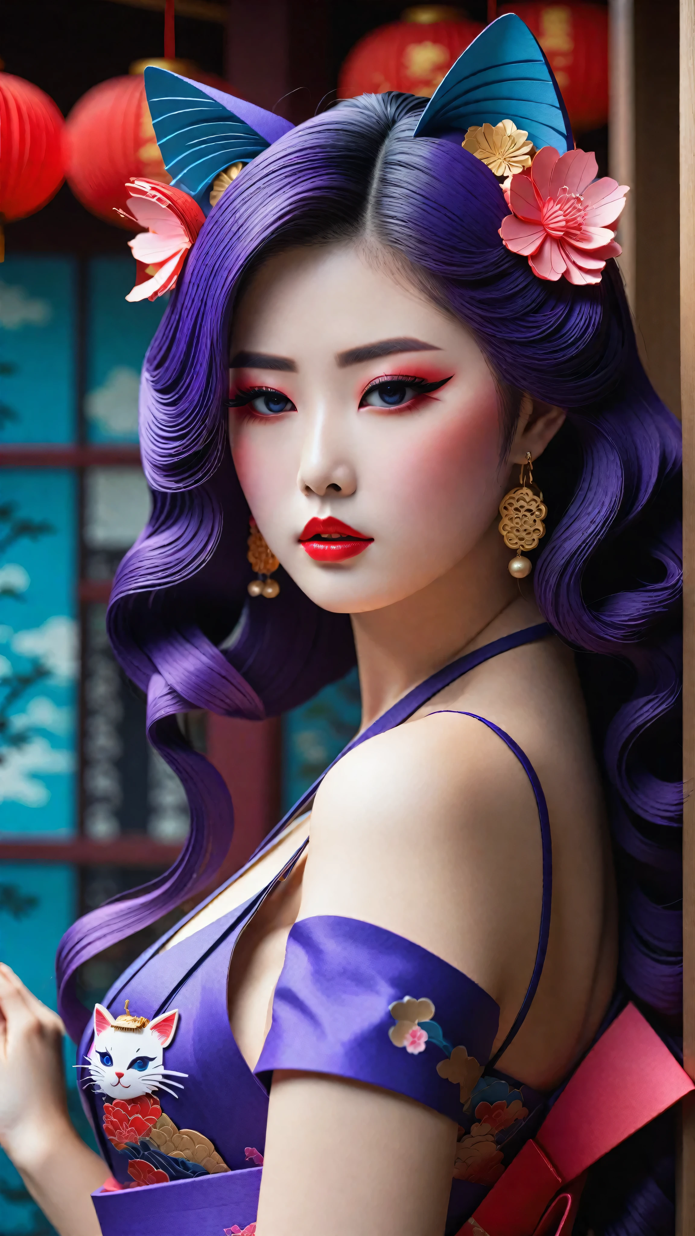 Paper-cut art,architecture,masterpiece,high quality,Super detailed,Super exquisite,8k,Chinese Geisha with cat ears, big breasts, cleavage, looking at viewer, arms behind back, ulzzang, portrait, sexy, submissive, ((seductive)), ((heavy blushing)), shy, tease, purple hair, blue eyes, Sharp focus,