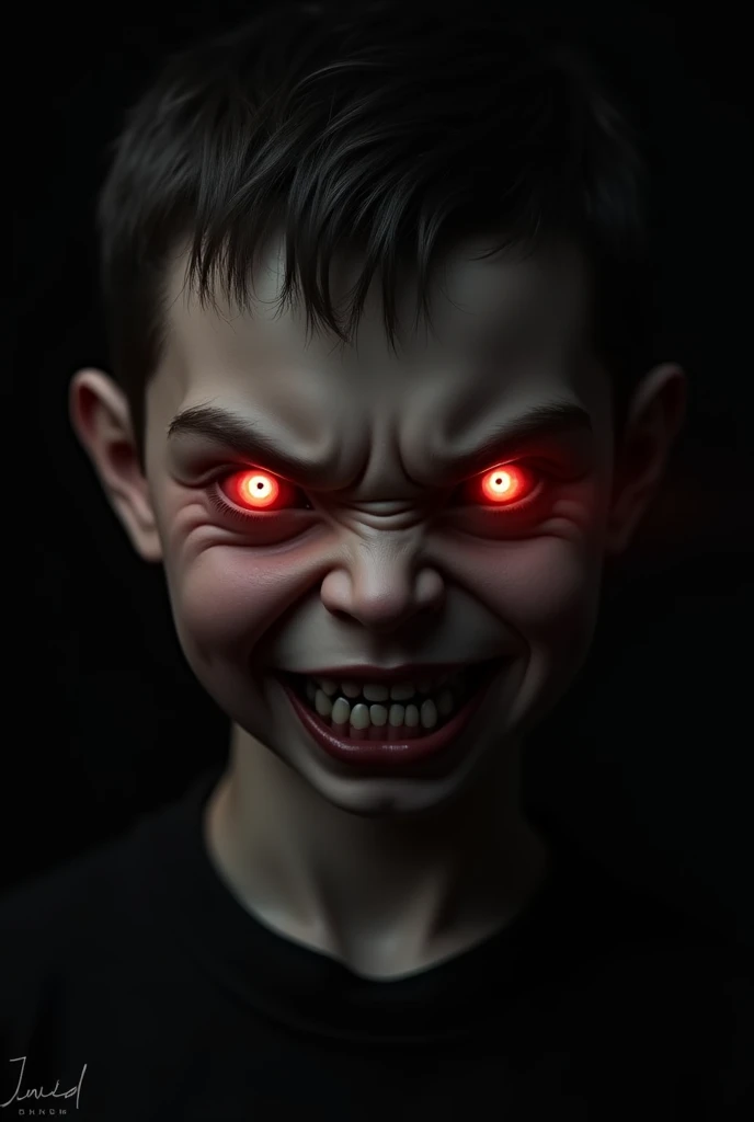 A haunting depiction of a demonic child with dark, cracked skin and glowing red eyes, screaming in rage. The child's face is distorted with sharp, pointed teeth, and her wild hair appears almost alive, twisting into chaotic shapes. The background is a stormy sky, with ominous clouds and hints of red glowing embers, adding to the eerie and unsettling atmosphere. The style is dark, intense, and highly detailed, emphasizing the terrifying and malevolent presence of the figure.