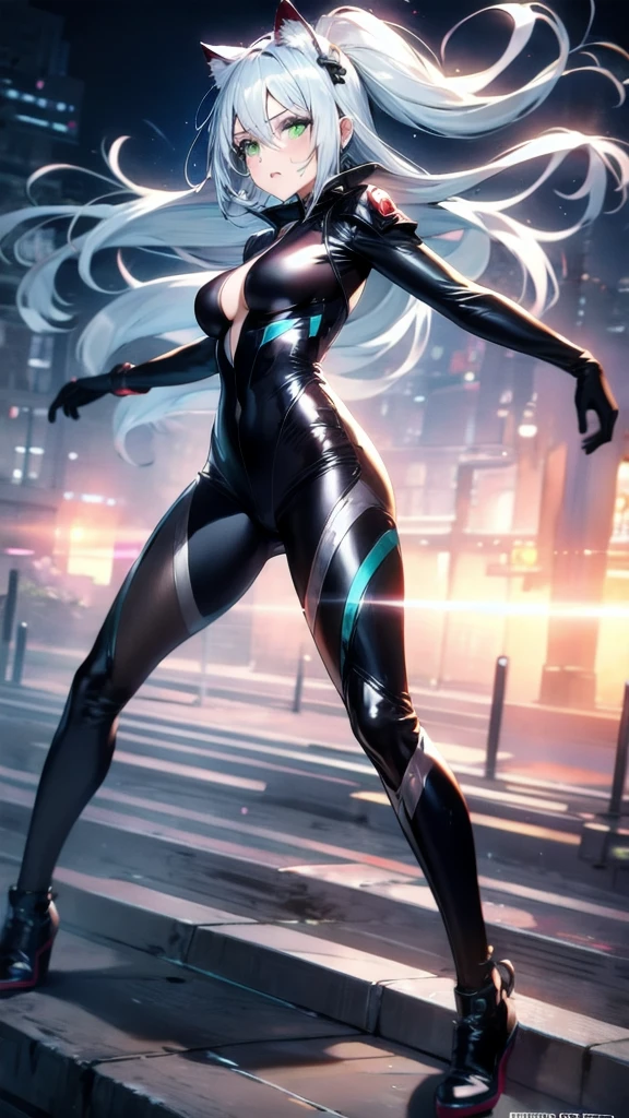 Full-body view, ambient neon lighting reflecting off sleek metallic surfaces, a stunning alien woman with feline features, such as pointed ears and a subtle tail, mesmerizing green eyes that glow in the dim light, skin with a slight iridescent shimmer, dressed in futuristic, form-fitting attire adorned with intricate patterns, cyberpunk cityscape in the background with towering skyscrapers and floating vehicles, highly detailed textures on her skin and clothing, realistic yet otherworldly style, 8k resolution, HDR, dramatic lighting with contrasting shadows, dynamic and captivating atmosphere, intricate alien technology elements integrated into the scene, balanced composition,