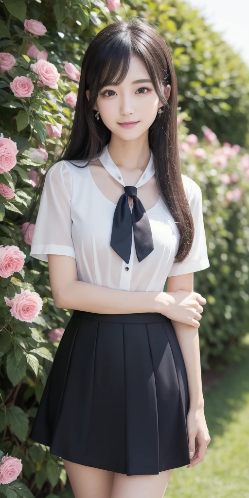 Smiling face, mid-chest, slightly sheer clothes, white professional wear, slightly transparent white shirt, black hip skirt, bow tie, ((best quality, 8k, masterpiece: 1.3))), clear focus: 1.2, (layer cut, large: 1.2), beauty with perfect figure: 1.4, slender abs: 1.2, wet body: 1.5, highly detailed face and skin texture, detailed eyes, double eyelids, long hair