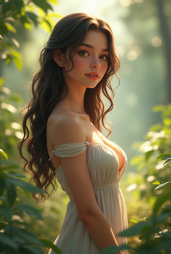 Portrait of a beautiful girl with wavy long hair, bohemian dress, sexy, Uncensor