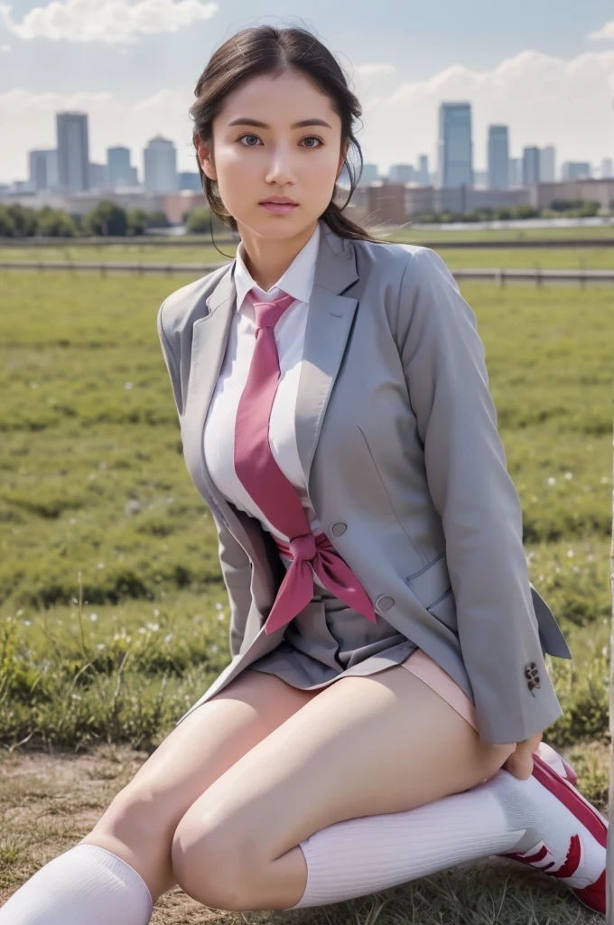 (Best Quality,4K,8k,  high definition ,masterpiece:1.2),Super detailed,(Realistic,photoRealistic,photo-Realistic:1.4),   professional photo by Dubnitskiy David  , Natural Light,   PORTRAIT ,   Beautiful Young Japanese Woman  , , wear ((  dark gray blazer  ,   red tie  ,   white button shirt,  holding white socks , Pink Shoes, High School Uniform: 1.4),   very low neckline  ,  Exposed Chest ), Shibari style,  charming gaze, soft glow, Elegant beauty,    wearing a white modern hijab and a long-sleeved sky blue blazer、  perfect face with soft touch   ,   blue-gray eyes with details  ,   Sexy Poses,  delicate skin texture , Flowing, messy hair , Expressions of affection,     Skinny Posture    , clavicle, Naturally sagging breasts,  Huge , Raise your knees, Sitting pose, Put, (  Prairie with Skyline  :1.4), Subtle Shadows, Sun and cloud background  ,   depth of field  ,   misty green vibe  ,   fine art pictures  , ( close:1.2), ( -old 3),   photon mapping, 