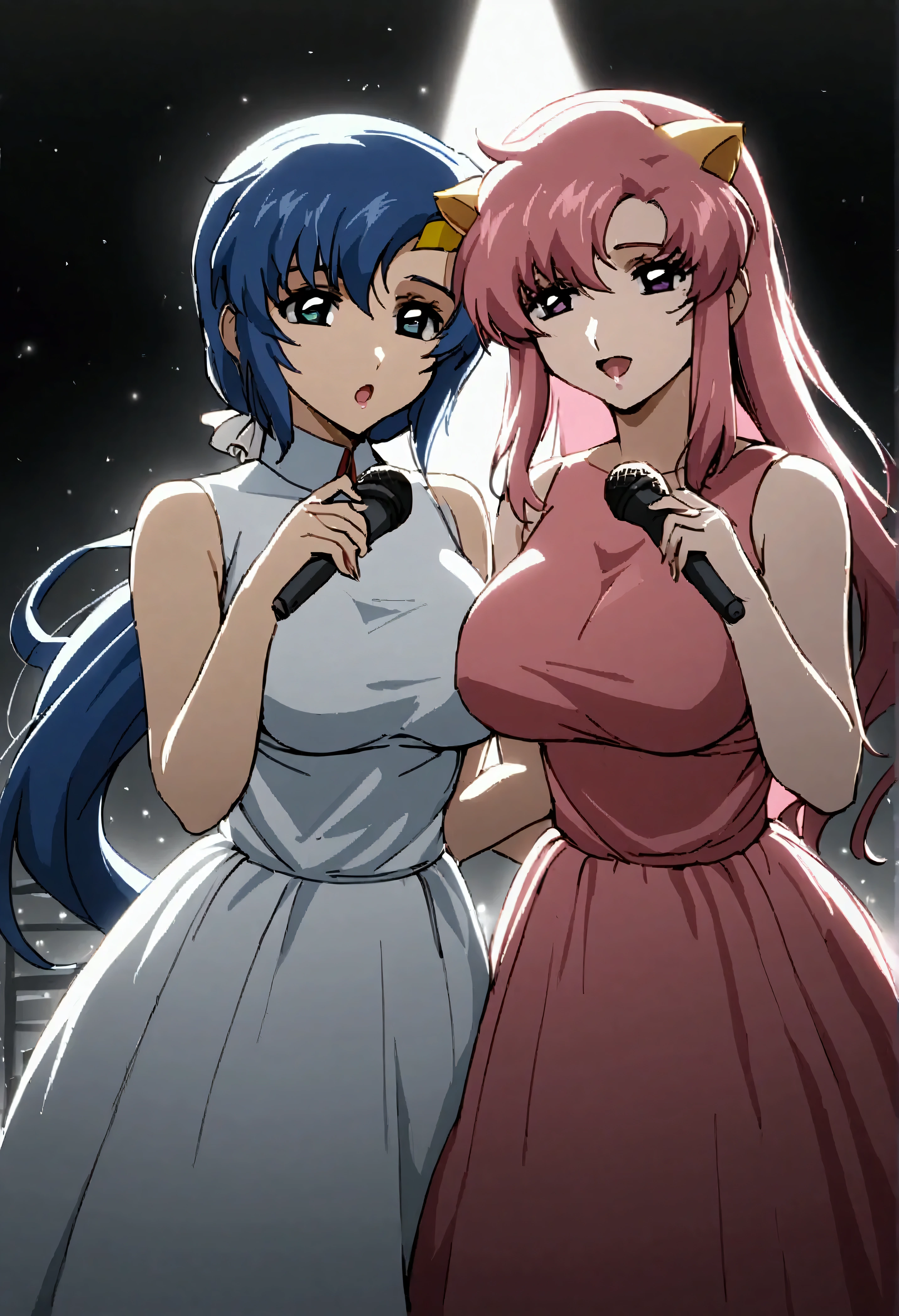 Gundam_seed, 2girls. Two women, The first woman has long flowing pink hair, purple eyes, medium breasts, average build, and is wearing a blue and white flowing dress. The second woman has very long blue hair in a ponytail, blue eyes, large breasts, is chubby, fat, and voluptuous, has mechanical cat ears, and is wearing a ruffled pink and magenta dress. They are on a stage, spotlights shining on them, light particles floating. singing a duet together into the mic. Having fun, confident, proud, peace sign, microphone. Masterpiece, best quality 