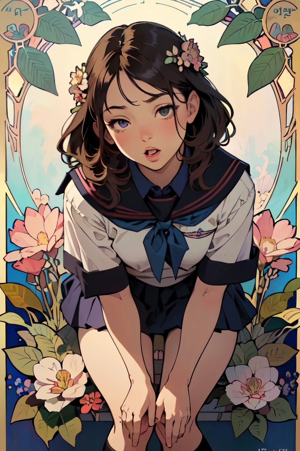 poster, (by mucha:1.2),((art deco,Botanical Art,Floral Art)),(floral:1.2), Depth, flat shading,
break,
a girl, solo:1.5, (detailed face:1.2),
(School uniform:1.5), (open mouth, lips), (Beautiful thighs: 1.2),