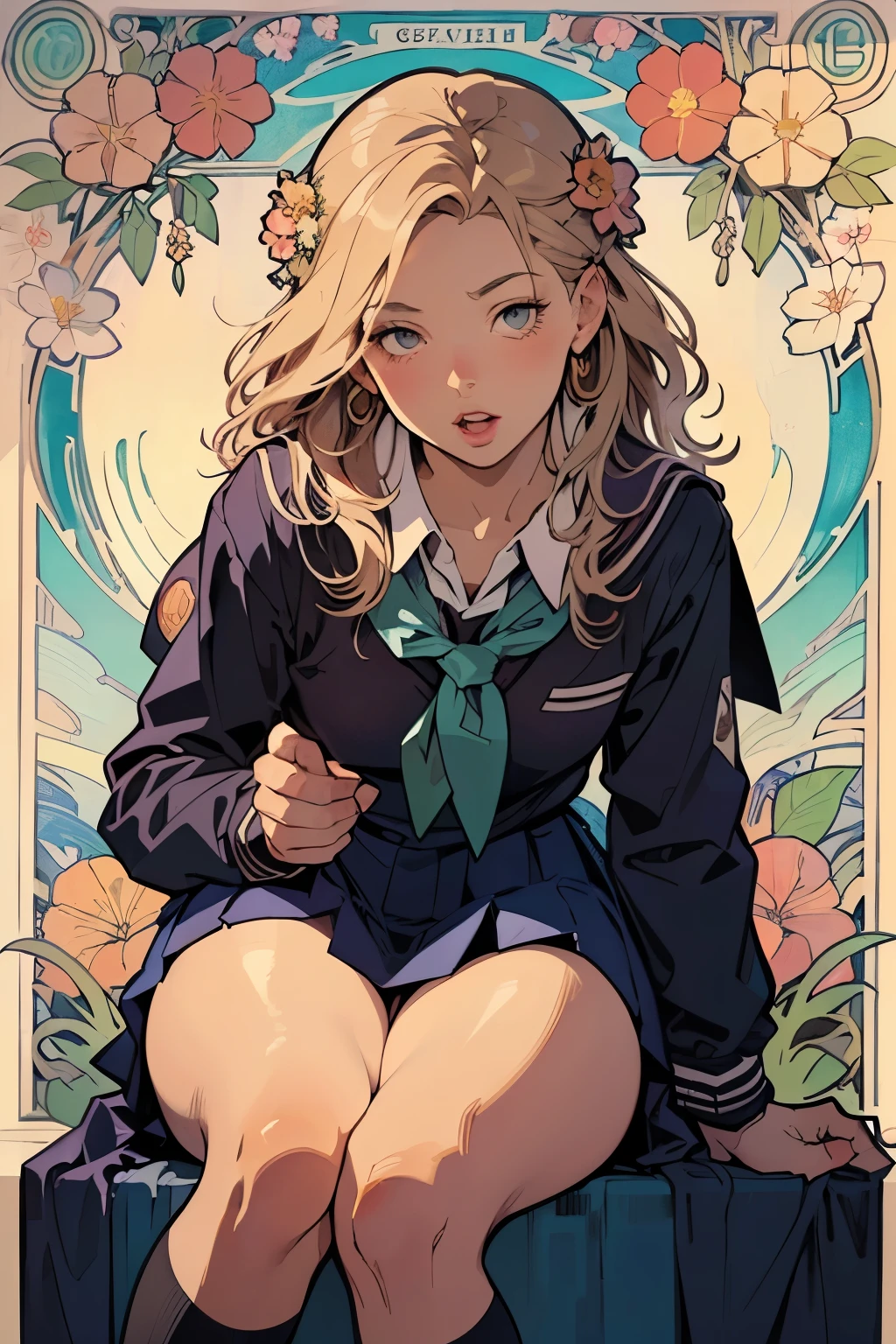 poster, (by mucha:1.2),((art deco,Botanical Art,Floral Art)),(floral:1.2), Depth, flat shading,
break,
a girl, solo:1.5, (detailed face:1.2),
(School uniform:1.5), (open mouth, lips), (Beautiful thighs: 1.2),