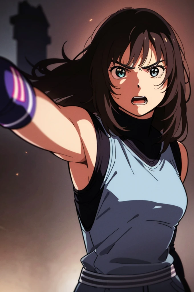 a beautiful young asian woman, Rika Kawai, punch attack, powerful punch, intense expression, detailed facial features, muscular arms, athletic body, dynamic pose, action scene, high contrast lighting, cinematic composition, digital art, cyberpunk aesthetic, neon colors, gritty texture, hyper detailed, 8k, photorealistic