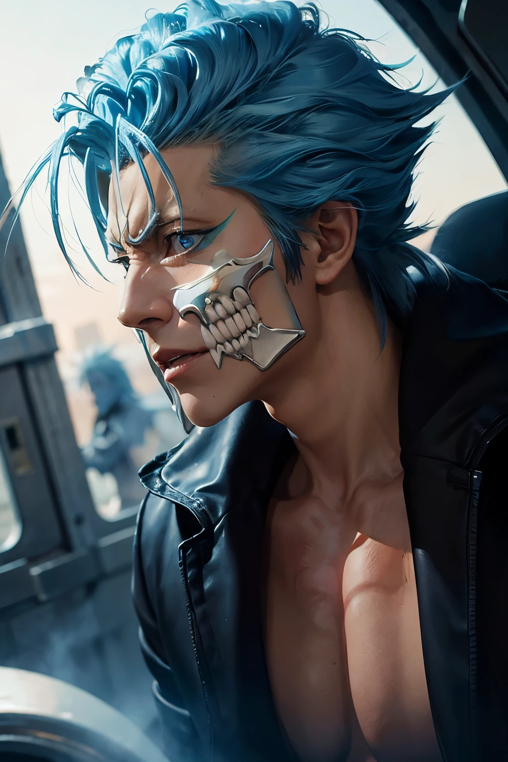 "Photorealistic close-up of Grimmjow Jaegerjaquez, his intense blue eyes and Hollow mask fragment highlighted against a dark background. His expression is fierce, capturing his rebellious spirit. The Espada uniform collar is visible. 4K resolution, close-up, 50mm lens, side view, with sharp, high-contrast lighting enhancing his aggressive personality."