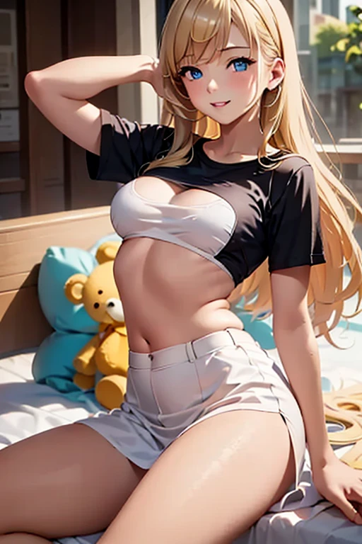 1girl, stuffed animal, stuffed toy, phone, solo, bottomless, breasts, cellphone, shirt, blonde hair, teddy bear, selfie, holding, long hair, smartphone, underboob, holding phone, sitting, white shirt, blue eyes, realistic, small breasts, arm support, spread legs, lips, shirt lift, short sleeves, blurry, smile, t-shirt, indoors, mole