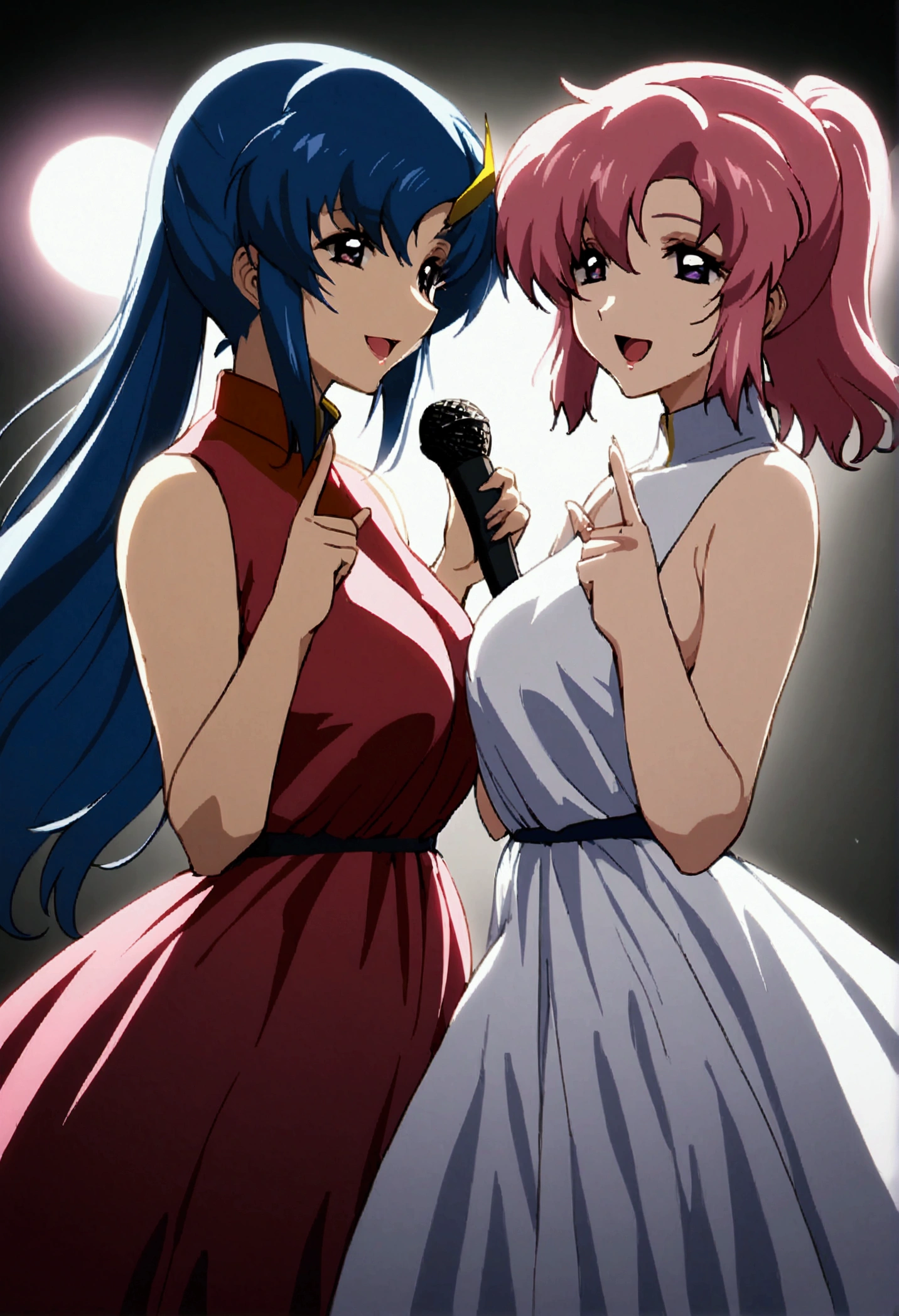 Gundam_seed, 2girls. Two women, The first woman has long flowing pink hair, purple eyes, medium breasts, average build, and is wearing a blue and white flowing dress. The second woman has very long blue hair in a ponytail, blue eyes, large breasts, is chubby, fat, and voluptuous, has mechanical cat ears, and is wearing a ruffled pink and magenta dress. They are on a stage, spotlights shining on them, light particles floating. singing a duet together into the mic. Having fun, confident, proud, happy, peace sign, microphone. Masterpiece, best quality 