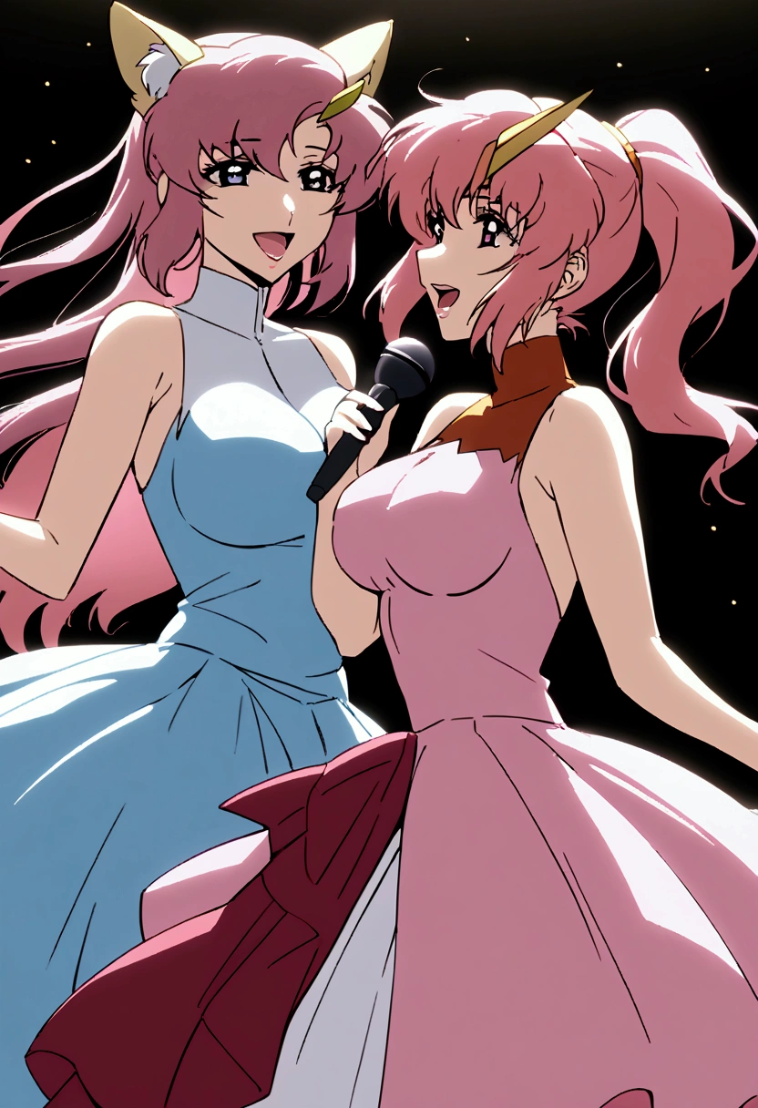 Gundam_seed, 2girls. Two women, The first woman has long flowing pink hair, purple eyes, medium breasts, average build, and is wearing a blue and white flowing dress. The second woman has very long blue hair in a ponytail, blue eyes, large breasts, is chubby, fat, and voluptuous, has mechanical cat ears, and is wearing a ruffled pink and magenta dress. They are on a stage, spotlights shining on them, light particles floating. singing a duet together into the mic. Having fun, confident, proud, happy, peace sign, microphone. Masterpiece, best quality 