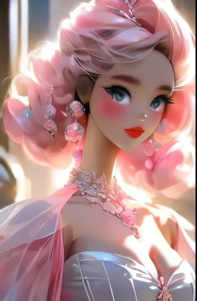 a close up of a barbie doll in a black dress with pink flowers, a digital rendering inspired by Victor Mosquera, tumblr, rococo, extravagant dress, brilliant pink ball gown, black and pink dress, expensive voluminous dress, wearing a pink ballroom gown, wearing pink floral gown, black white pastel pink, pink and black, barbie doll, fairytale style