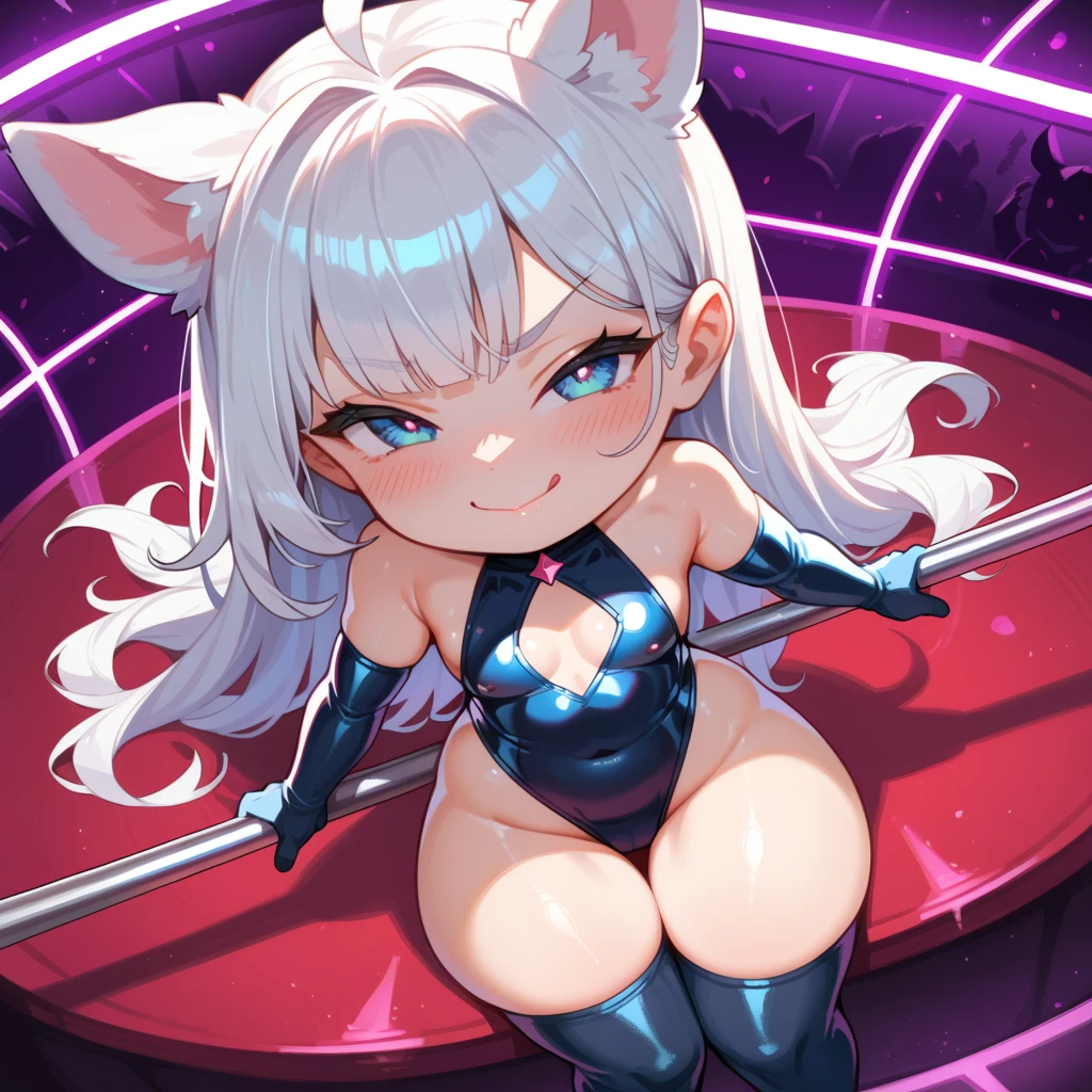 score_9, score_8_up, score_7_up, masterpiece, best quality, highly sexual poses, elinsdxl ,elinxl,1girl, small animal ears, white hair, long hair, looking at viewer, skin indentation, blush, smug, lewd smile, small breasts, leotard, wide hips, thick thighs, elbow gloves, thigh highs, strip club, shortstack, high angle, dynamic pose, thighjob
