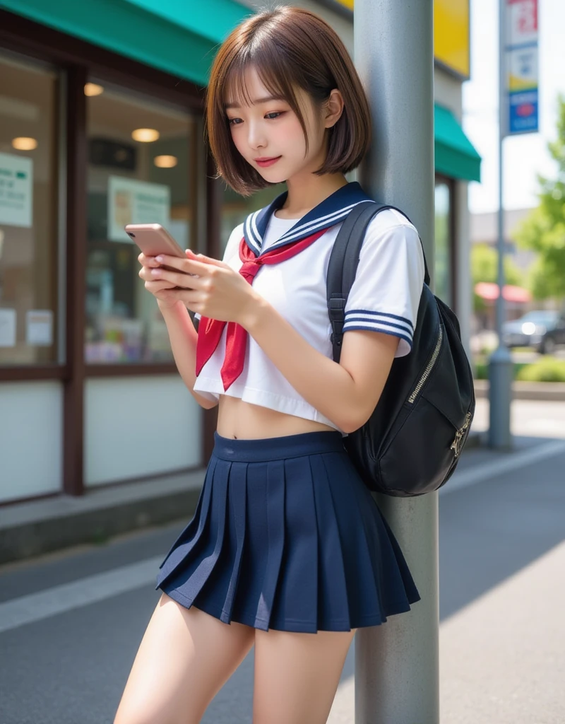 Perfect composition, Proper placement, Golden Ratio, masterpiece, Best Quality, from side:1.331,  A beautiful Japanese woman is standing in front of a convenience store ,  Leaning against a pole-shaped car stop , Talking on iPhone , Squirm,  She's a famous supermodel,  anatomically correct ratio :1.331,  has a small head :1.331, Slender body:1.331,  thin waist:1.331, Thin limbs:1.331,  flat chest:1.331,  Japanese high school sailor suit :1.21, Short sleeve clothing,  white short sleeve sailor suit:1.21, sera fuku:1.21, Red ribbon on uniform,  navy blue miniskirt ,  I can see her belly button , school backpack:1.1,  anatomically correct ratio ,  has a small head茶色の髪,  wavy hair :1.21,  Small head of brown hair ,  Sunlight in the evening ,  dynamic lighting,  Expression of Absolute Beauty ,