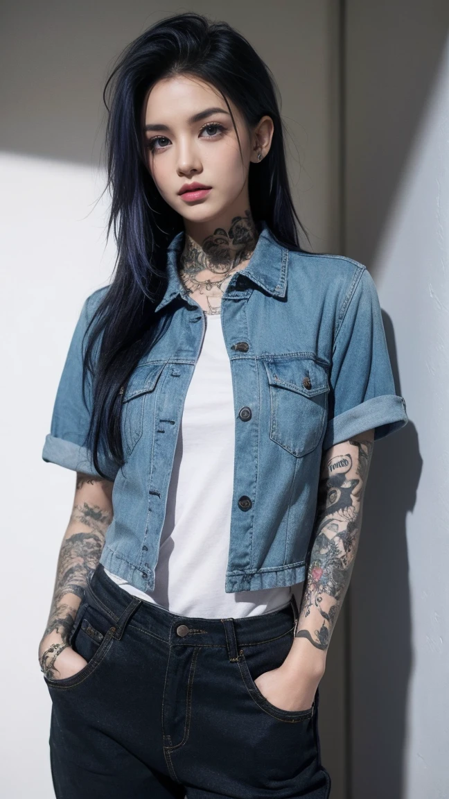 (1girl:1.3), Blue haire,shirt hair,punk style, with tatoo, sexy