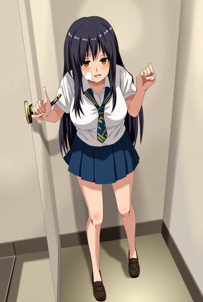 nagatoro hayase, blue skirt, cleavage, small breasts, (from below:1.2), bent over, grin, blush, best quality, masterpiece, perfect lighting, arms behind back, from behind ass mini skirt thick thighs ponytail ponytail ponytail blue eyes