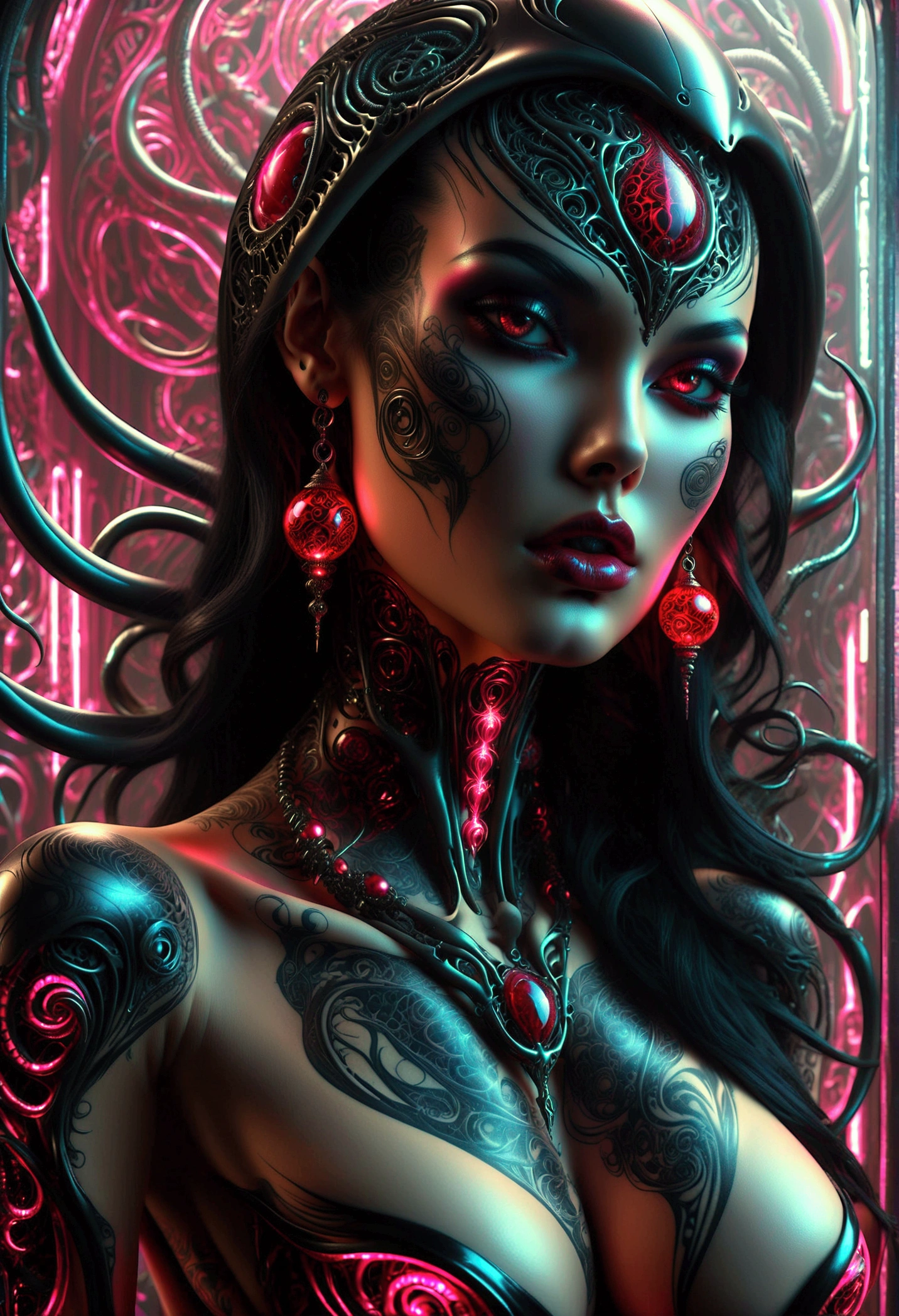 Create an image of Stunningly gorgeous beautiful perfect hr giger tattooed sexy seductive demonic girl, Stunningly gorgeous perfect flawless sexy face, hyper detailed neon ruby ornaments, large firm breasts, full body view, nude, no color black and gray only,