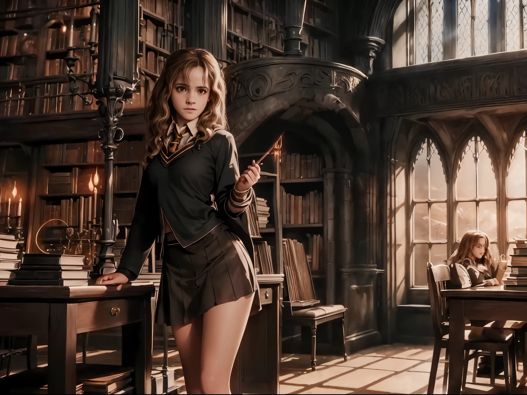 (((Hermione Granger))) rendered with high-quality realistic textures and lifelike details, Hermione Granger, ((from Harry Potter)), ((HD)), (((breasts))), ((8K))), (((She wears the Hogwarts uniform))), ((full body)), (((Amazing))), hot, beautiful, ((Horny)), 8K, stripes, everything like an unreal ray tracing engine render ((hyperrealistic human style)), (((empty dark background))), naughty, (((seductive smirk))), kinky, slutty Hogwarts uniform, short skirt, tantalizing glimpse, black fishnet stockings, high-heeled platform boots, unbuttoned blouse, teasing, ample cleavage, loosened tie, midriff, hips swayed, suggestively holds wand, hair falls in waves down back, passion, glasses, dominance, forbidden world of Hogwarts, dim light, alluring glow on skin, shadows, Hogwarts library, rebellious, sensual, 