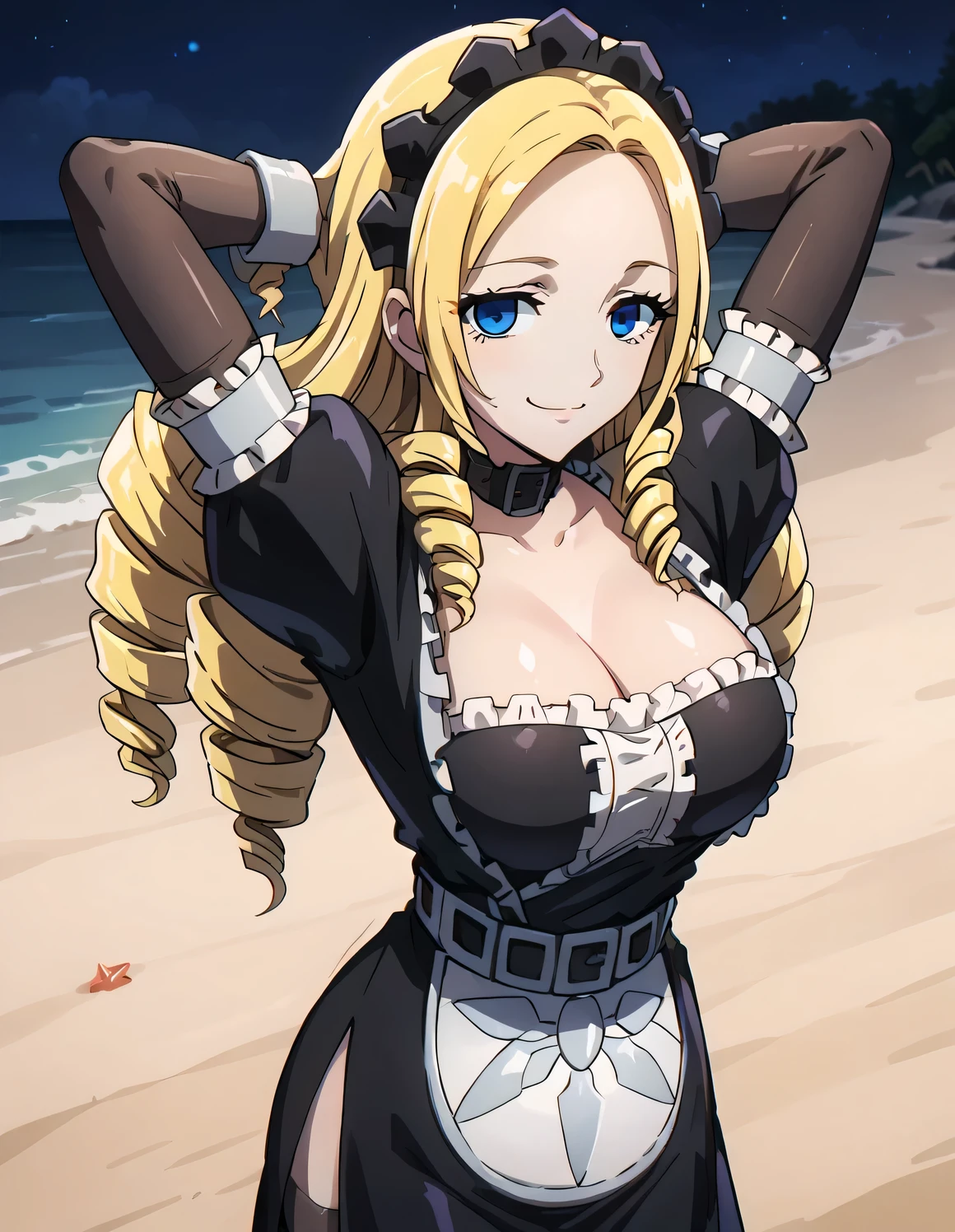 Solution_Epsilon, blonde_hair, blue_eyes, drill_hair, empty_eyes, large breasts, eyelashes, maid_maid_headdress_puffy_sleeves, black_collar, short_sleeves, elbow_gloves, black_gloves, wrist_cuffs, belt, white_maid_apron, print_maid_apron, miniskirt, frilled_skirt, taut_clothes, side_slit, brown_legwear, high quality, closed mouth, looking at viewer, smile, showing armpit, solo, {contrapposto}, spread armpit, arms behind head, cowboy shot, night sky, beach, best quality