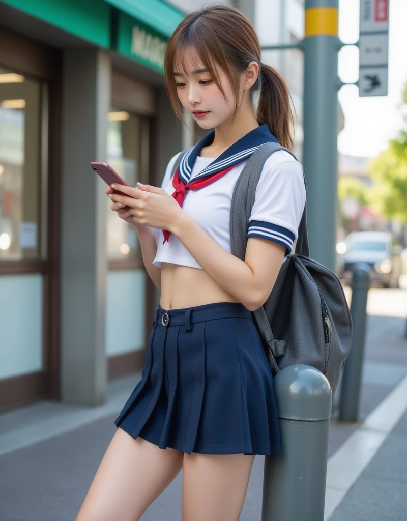 Perfect composition, Proper placement, Golden Ratio, masterpiece, Best Quality, from side:1.331,  A beautiful Japanese woman is standing in front of a convenience store ,  Leaning against a pole-shaped car stop , Talking on iPhone , Squirm,  She's a famous supermodel,  anatomically correct ratio :1.331,  has a small head :1.331, Slender body:1.331,  thin waist:1.331, Thin limbs:1.331,  flat chest:1.331,  Japanese high school sailor suit :1.21, Short sleeve clothing,  white short sleeve sailor suit:1.21, sera fuku:1.21, Red ribbon on uniform,  navy blue miniskirt ,  I can see her belly button , school backpack:1.1,  anatomically correct ratio ,  has a small head茶色の髪,  wavy hair :1.21,  Small head of brown hair ,  Sunlight in the evening ,  dynamic lighting,  Expression of Absolute Beauty ,