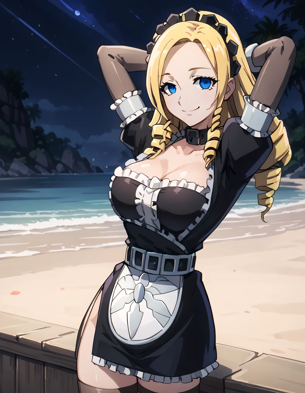 Solution_Epsilon, blonde_hair, blue_eyes, drill_hair, empty_eyes, large breasts, eyelashes, maid_maid_headdress_puffy_sleeves, black_collar, short_sleeves, elbow_gloves, black_gloves, wrist_cuffs, belt, white_maid_apron, print_maid_apron, miniskirt, frilled_skirt, taut_clothes, side_slit, brown_legwear, high quality, closed mouth, looking at viewer, smile, showing armpit, solo, {contrapposto}, spread armpit, arms behind head, cowboy shot, night sky, beach, best quality