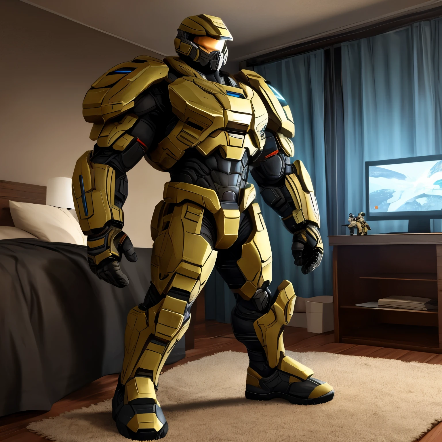 (full body shot), Masterpiece, cool bright lighting,(slight blue lighting), (blue hues), perfect anatomy, well drawn hand, well drawn eyes, springtrap, Joints, robot joints, non-humanoid robot, muscular, abs, cross his arms, serious face, dominant, dominant face, manly face, slight blush, shirtless, naked, bedroom,(((black cock 1.5))), (((big black cock))), ((huge 1.5)), big, erected, penis, dick, ((large penis)), ((black penis)), ((black testicle)),