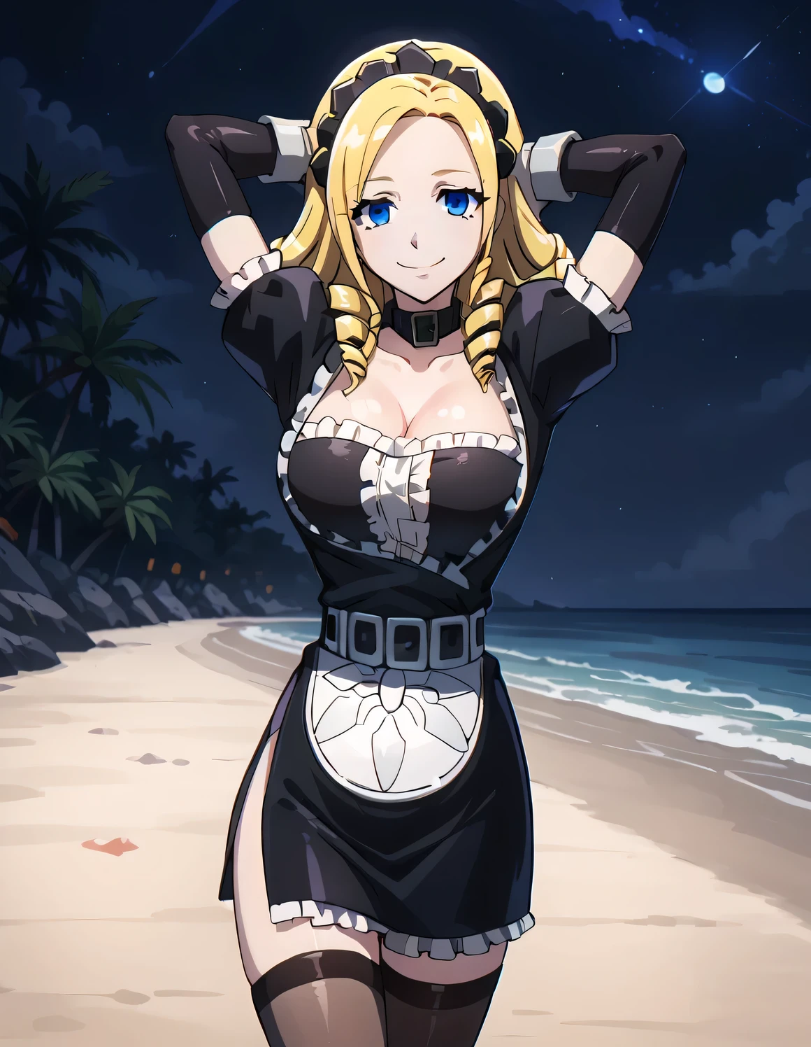 Solution_Epsilon, blonde_hair, blue_eyes, drill_hair, empty_eyes, large breasts, eyelashes, maid_maid_headdress_puffy_sleeves, black_collar, short_sleeves, elbow_gloves, black_gloves, wrist_cuffs, belt, white_maid_apron, print_maid_apron, miniskirt, frilled_skirt, taut_clothes, side_slit, brown_legwear, high quality, closed mouth, looking at viewer, smile, showing armpit, solo, {contrapposto}, spread armpit, arms behind head, cowboy shot, night sky, beach, best quality