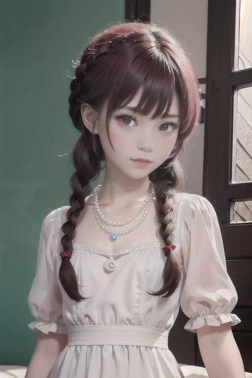 asian cute girl, pale skinned girl with long, red hair in braids, wearing white dress, as seen on the artists instagram account, resulting high quality image, seen artists instagram, adorned pearl necklace, pearl necklace, ultra realistic skin details