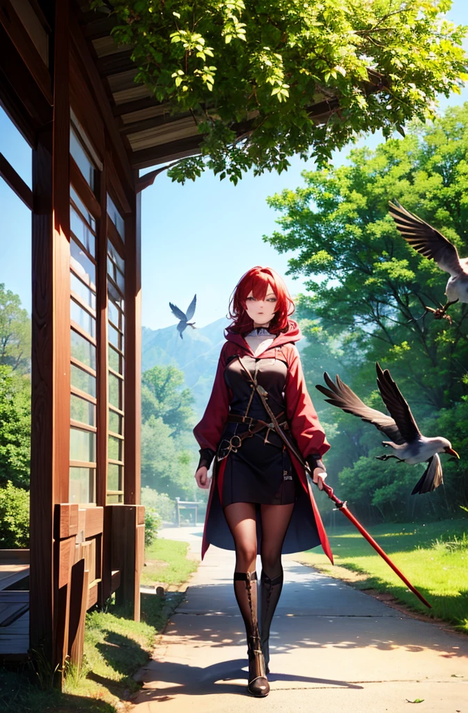 20 year old woman, long red hair, black mages outfit, mages staff, walking to mages academy, sunny day, beautiful nature, birds flying in the distance