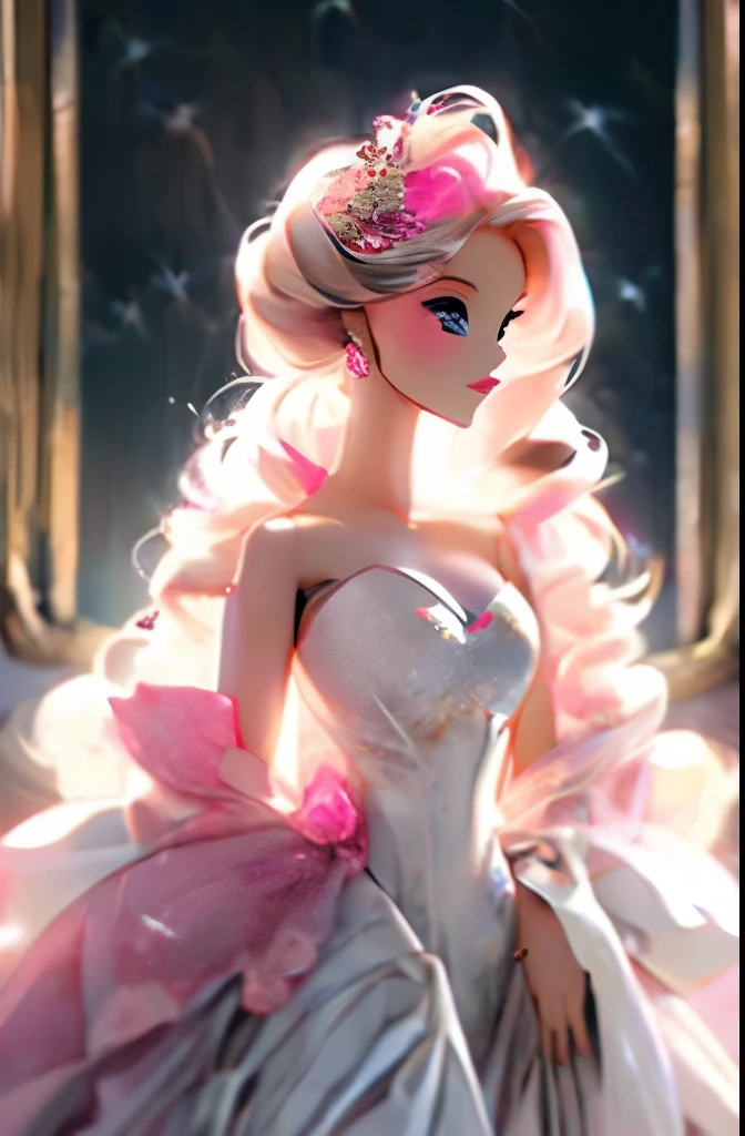 a barbie doll in a black dress with pink flowers, a digital rendering inspired by Victor Mosquera, tumblr, rococo, extravagant dress, brilliant pink ball gown, black and pink dress, expensive voluminous dress, wearing a pink ballroom gown, wearing pink floral gown, black white pastel pink, pink and black, barbie doll, fairytale style