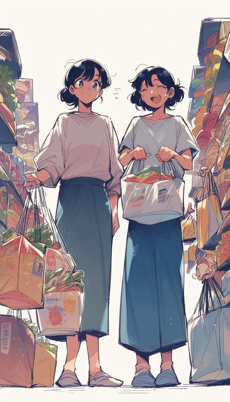 ((Two people shopping)), mother and son,  seen from below,  full body ,  carrying shopping bags,  happy expression , anime, bottomless,  Simple background, white background, outline, limelight