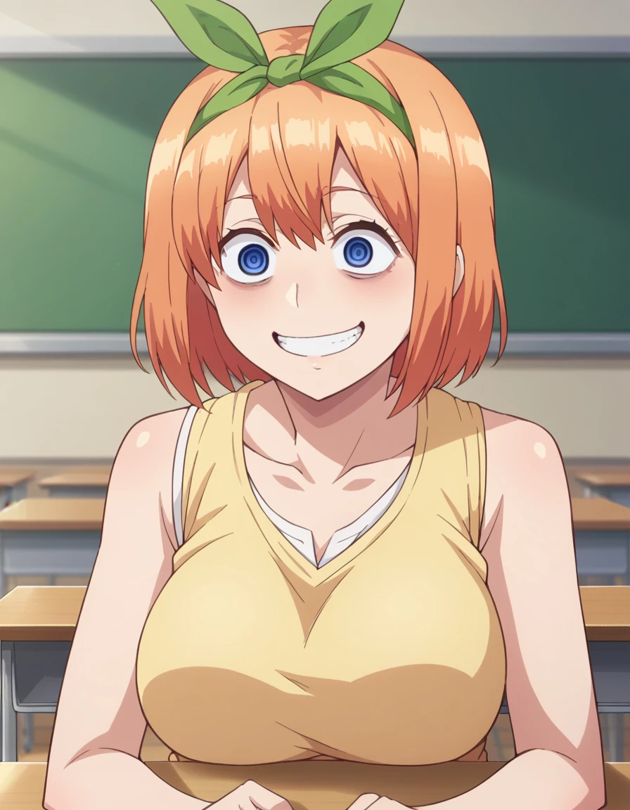   score_9,   score_8_  upper  ,   score_7_  upper  , sauce_Anime,
Yotsubanakano, 4th floor Nakano, bangs,   short hair,   blue eyes,  Hair between the eyebrows,  hair ribbon ,   Headband,   orange hair  , Green ribbon,   mature woman  , ( full nude),
,   sweater vest, Green ribbon, 
indoor, classroom,  are embarrassing ,
 Viewers,  upper  body ,  lies down, bust massage  ,   hollow eyes , Bad face ,Crazy Smile ,Crazy Smile ,   bust massage   ,   masturbation ,nude ,nude