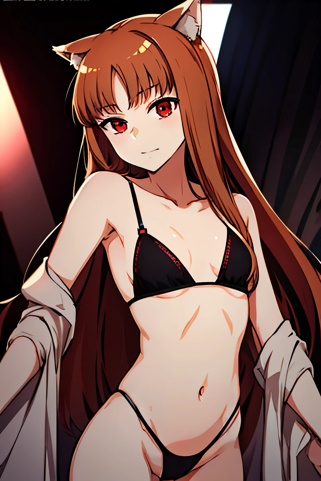 Holo
Red eyes,
 small breasts,  wearing sexy body lingerie.
