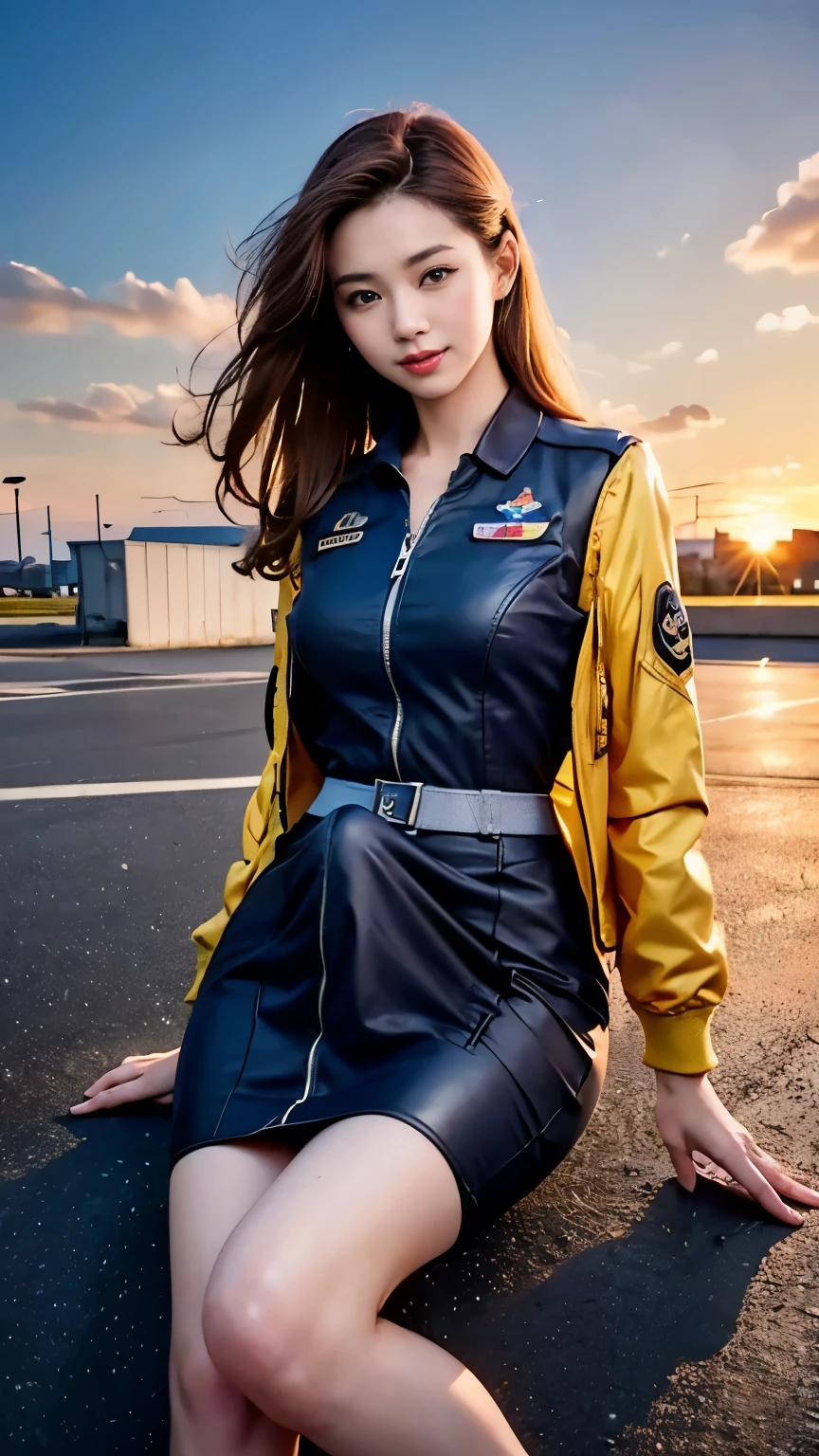 gorgeous military uniform idol、whole body、good style、、、、、Shiny yellow miniskirt military uniform、、cyber building、military hat