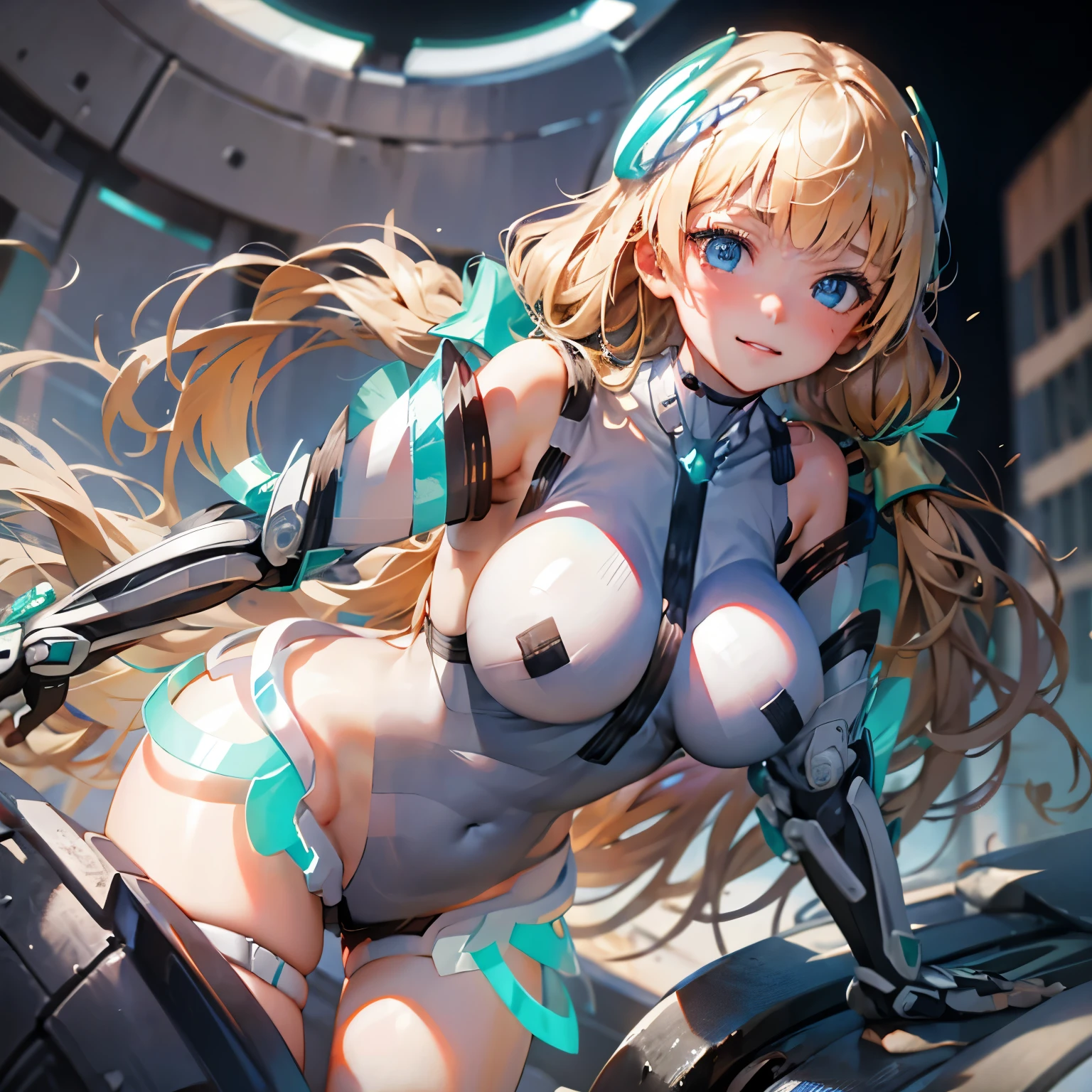  1 girl,Alone,  smiles lightly,Big Breasts, deva battle suit,Gloves, very long hair,Angela Balzac, blonde_hair,long hair, straddle a sexy woman who puts her hands on her humid , clear blue eyes,  smiles lightly,  headgear , skinny, Rose twine tail tied at shoulder position, cowboy shots, super low angle , charming body , I have a big butt , viewers, face forward ,The background is inside a futuristic robot cockpit,Face here and open your crotch,Clear neon blue eyes with camera in the crotch ,Focus on the crotch,