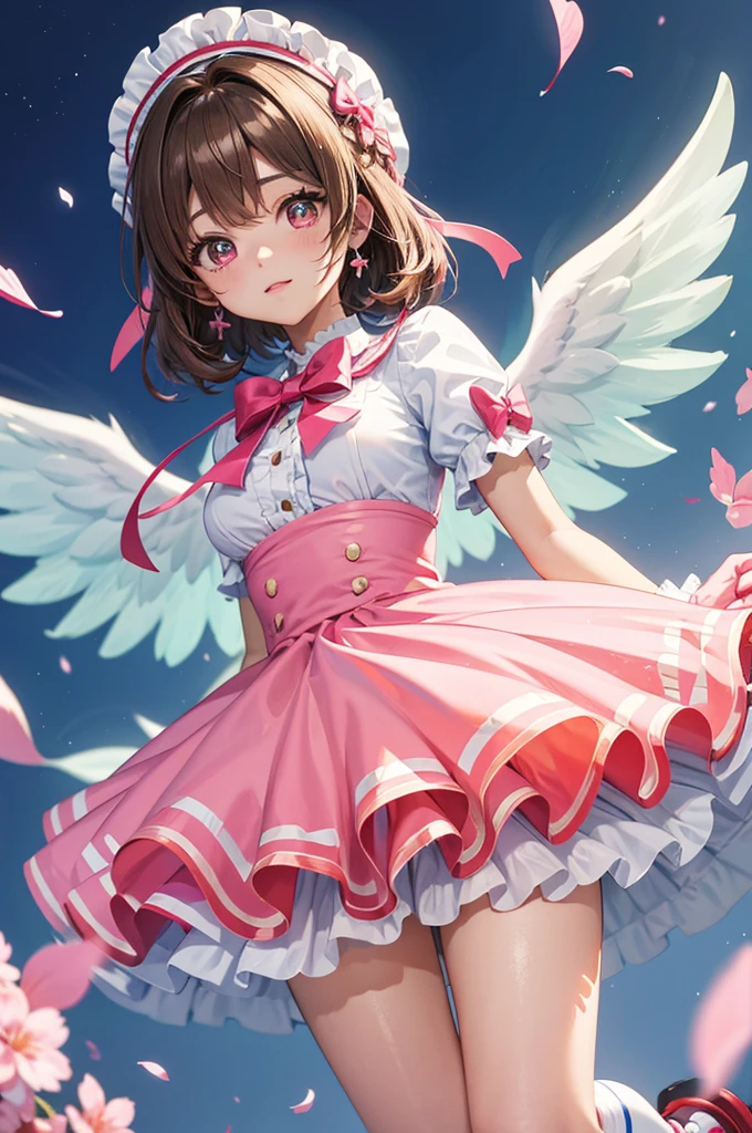 (((spread legs)))、(((Rainbow Magical Girl Costume)))、((Panty shot))、Beautiful Magician、short brown hair、((whole body))、(((photo taken from below)))、The background is darkness