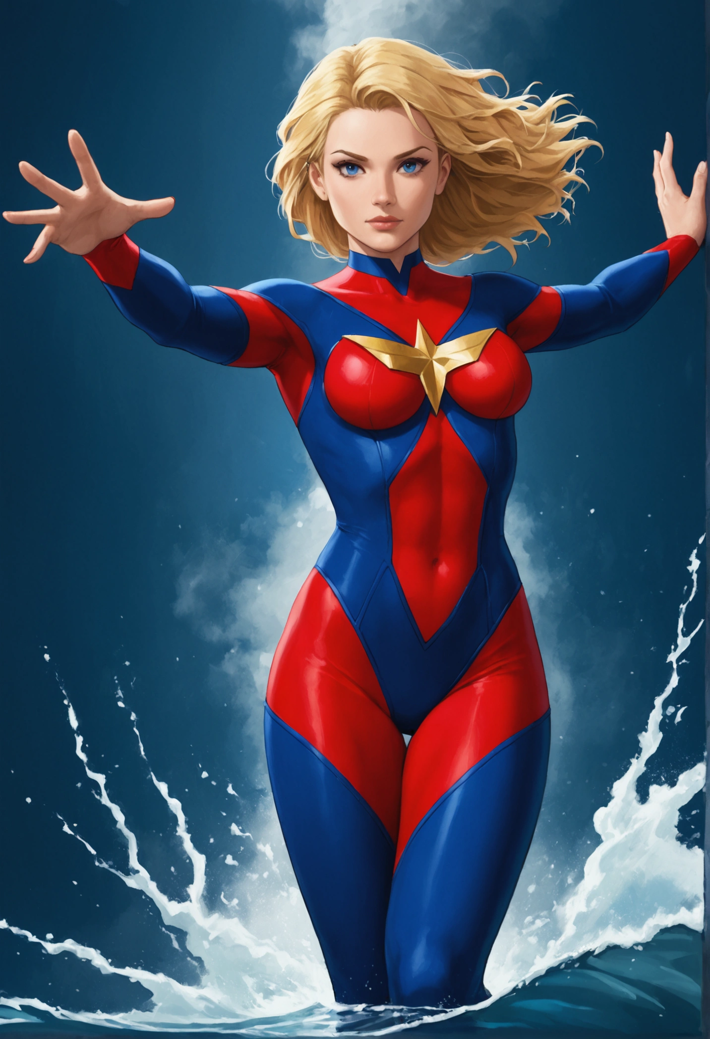 masterpiece, highest quality, High resolution, One girl, alone, Superhero, leotard, barefoot, boots, matching boots, aura, blue aura, No sleeve, gloves, bracelet, matching gloves, View Viewer, Particles of light, Space Background, Perfect hands, Perfect Eyes, Power ups, perfect leotard, Perfect Legs, Perfect Arms, Perfect Fingers, blue and white leotard, Blonde Hair, blue eyes, Medium chest, Long Hair, spinning, tornado spin, Whirlwind Spin, Wind particles, Vortex of Light, tornado, Hurricane Rotation, time travel, tornado winds, Cyclone Spin, Are standing,
