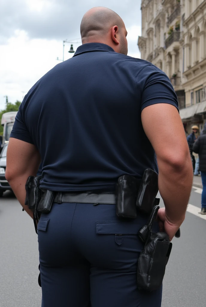 Mature man, very handsome, best quality, policeman uniform, masterpiece, super high resolution, detailed background, reality, , single, 1 boy, muscle man, beard, in the city, muscle, facial hair, volumetric lighting, depth of field, wheezing, raised crotch, handsome action, big dynamics, (((big butt))) ((backside))