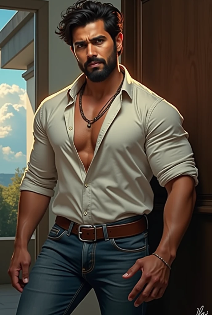 masterpiece, best quality, ultra-detailed, illustration, epic lighting, cinematic composition, isometric, 1man, solo, handsome, older man, brown eyes, black hair, short curly hair, light brown skin, black tanktop, black boxers, enchanting gaze, captivating pose, indoors, bedroom, muscular, beefy, looking at viewer, large pecs, thick thighs, blushing, seductive smile, closed mouth,(8k:1.1),