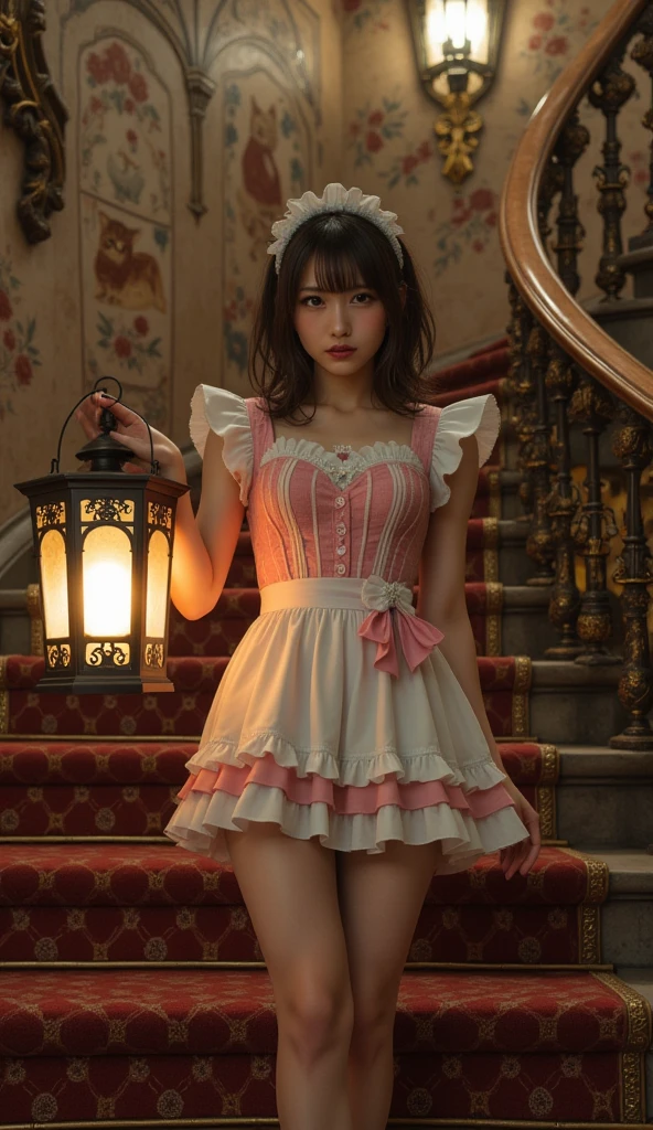 ultra-realistic, photorealistic, dramatic scene, shadow, global-illumination, solo, (teenage Japanese famous idol girl:1.5), very beautiful fragile Japanese girl, very beautiful with very cute but boyish cool face, detailed face, (modern maid:1.2), (wearing a cute colored maid outfits with frills:1.2), simple shoes, (very large breasts), slim waist, She is descending a gorgeous decorated staircase that leads to the basement of an old European castle, holding a brightly glowing antique lantern, antique, gorgeous, luxury, The faded walls are gorgeous decorated with mosaic art of many fat cats, Anxious expression, afraid, (face focus:1.5),