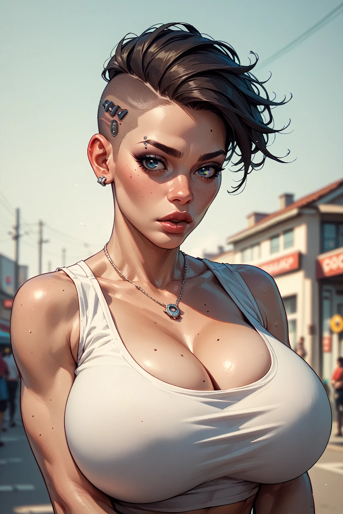 (masterpiece, best quality), 1girl, Ash Brown Faux Hawk with Low Fade, Sizes I to L breasts, <lora:BurstingBreasts_Undersized_FefaAIart:1> gigantic breasts, cleavage, skindentation, bursting breasts, sideboob, undersized bra