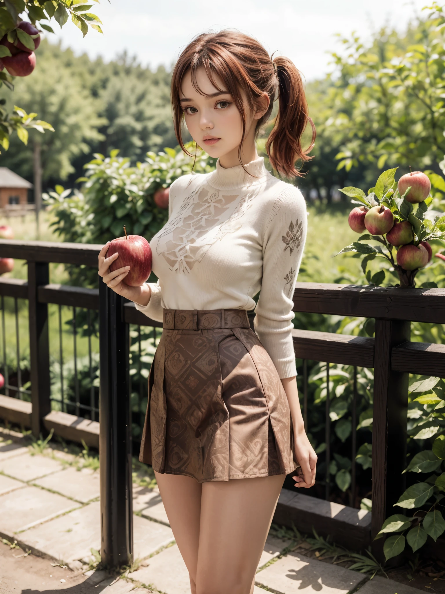 girl, (holding apple:1.2), green traditional clothing, (young, early teen, cute), (breasts:1.2), snug clothing, pony tail, side bangs, looking at viewer, parted lips, red hair tie, (brown patterned skirt:1.2), village setting, woods railings,