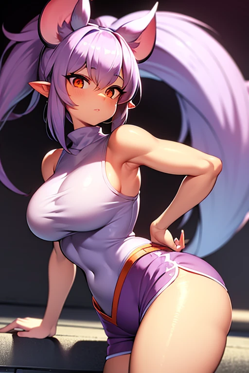 Female, mouse girl, orange eyes, sleeveless shirt, small waist, purple hair, shorts, large breasts, bangs, ponytail, fishnet stockings, silver ears, silver tail