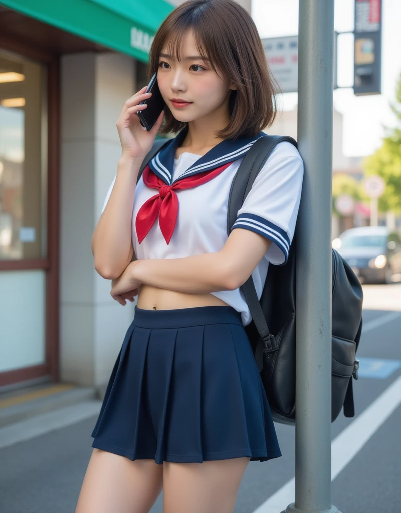 Perfect composition, Proper placement, Golden Ratio, masterpiece, Best Quality, from side:1.331,  A beautiful Japanese woman is standing in front of a convenience store ,  Leaning against a pole-shaped car stop , Talking on iPhone , Squirm,  She's a famous supermodel,  anatomically correct ratio :1.331,  has a small head :1.331, Slender body:1.331,  thin waist:1.331, Thin limbs:1.331,  flat chest:1.331,  Japanese high school sailor suit :1.21, Short sleeve clothing,  white short sleeve sailor suit:1.21, sera fuku:1.21, Red ribbon on uniform,  navy blue miniskirt ,  I can see her belly button , school backpack:1.1,  anatomically correct ratio ,  has a small head茶色の髪,  wavy hair :1.21,  Small head of brown hair ,  Sunlight in the evening ,  dynamic lighting,  Expression of Absolute Beauty ,