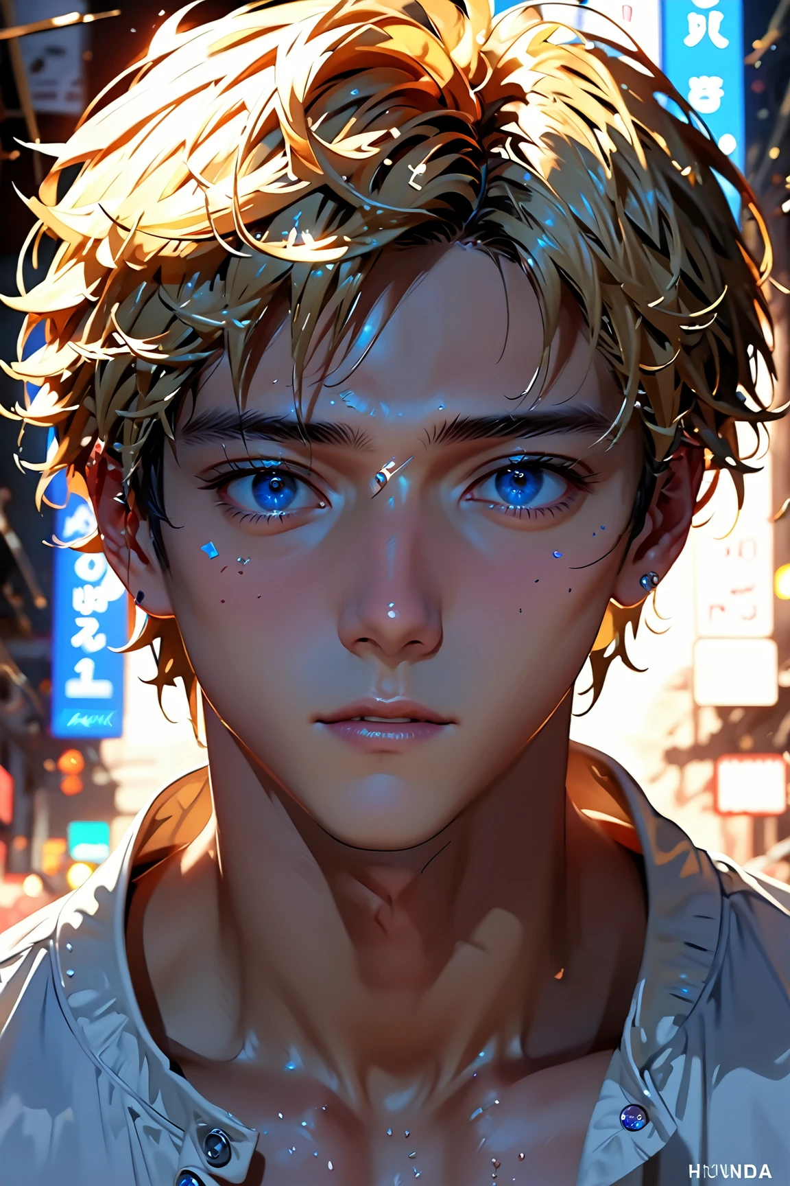 (best quality, Masterpiece, detailed eyes,  high res,  Detailed ), ( beautiful animation ), male:1, semi_realistic, young man, 23 year old , hyundai, USA, New York, singer, 아이돌 singer, sensitivity, coolness , decadent. sharpness, thin body, Blonde,  short hair ,  blue eyes, cowboy cut