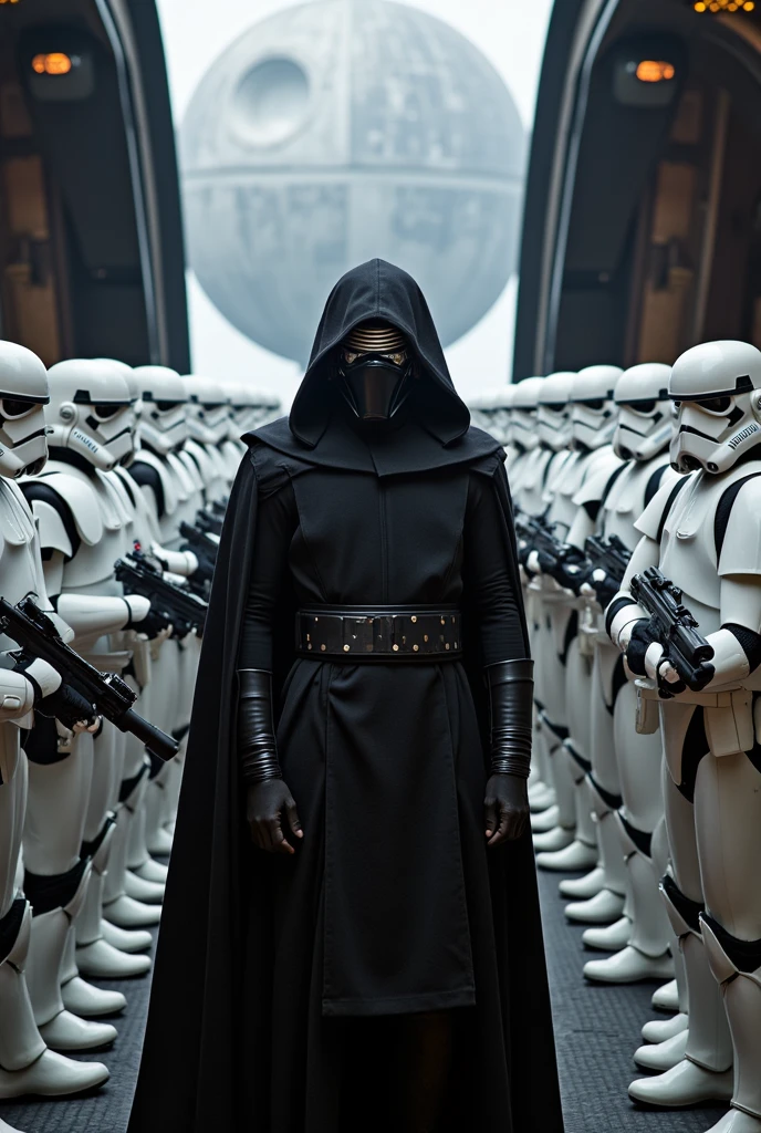 Kylo Ren standing confidently in a spaceship, surrounded by a formation of Stormtroopers, with the Death Star under construction visible in the background, cinematic lighting, dramatic atmosphere, sci-fi theme, highly detailed, dynamic composition