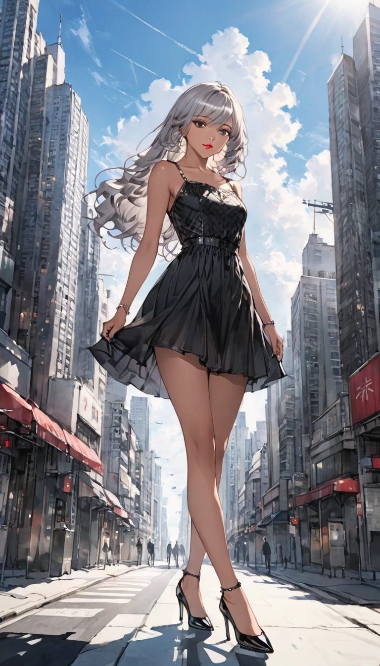  accessories with gray hair, jewelry，（masterpiece：1.2），（Faithfulness：1.2），（Best Quality），（Skin Details：1.3），（ intricate details），Bathed in light and shadow， streets lined with skyscrapers ， on a busy city street ，  full body shot ，Skin color，  shiny black high heels ，  stand with your feet apart  ， Blue Sky and White Clouds ，sunny， one woman， Short hirt，Wavy long hair，Heavy makeup，Skin color，Red lips， Detailed Textures 