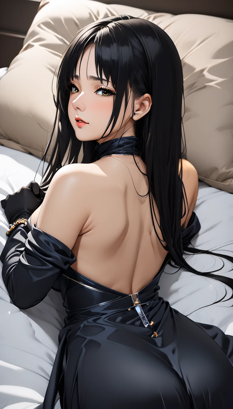 (masterpiece,Best Quality, ultra high resolution),bedroom,  Japanese woman with a viewing angle of, Attractive Appearance ,   beautiful straight long hair ,(((Very beautiful 20 year old))),Big Breasts,(( Black Satin High Neck Long Dress )),(Tight fit),Satin Opera Gloves、 stockings、  satin is very shiny  、 Turn Your Back and Look Back 、 she is on all fours on the bed,Lying with her upper body facing up 、 buttocks are sticking out.,   showing her butt 