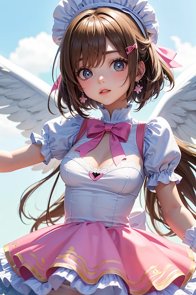 Kinomoto Sakura, Sakura CardCaptors, roses, ornament hair, brown hair, short hair, maid, dress, maid apron, maid headdress, sky, rainbow colors in the aurora boreal, night, 1girl, dress, solo, flowing hair, floating hair, ornament hair, perfectly body, perfectly hands, on garden, petals, centered girl, white dress, more details on her clothes, dress with transparency, golden details, daylight, smiling, cape, ((4k, masterpiece, top-quality)),8k, best quality, high resolution, HD, (illustration:0.8), super cute girl, delicate and beautiful face, mature girl, super cute hairstyle, (beautiful detailed eyes:1.6), extremely detailed face, perfect lighting, extremely detailed CG, (perfect hands, perfect anatomy), Best quality, cleavage, small skirt, full Body, two arms, two legs, two hands, five fingers