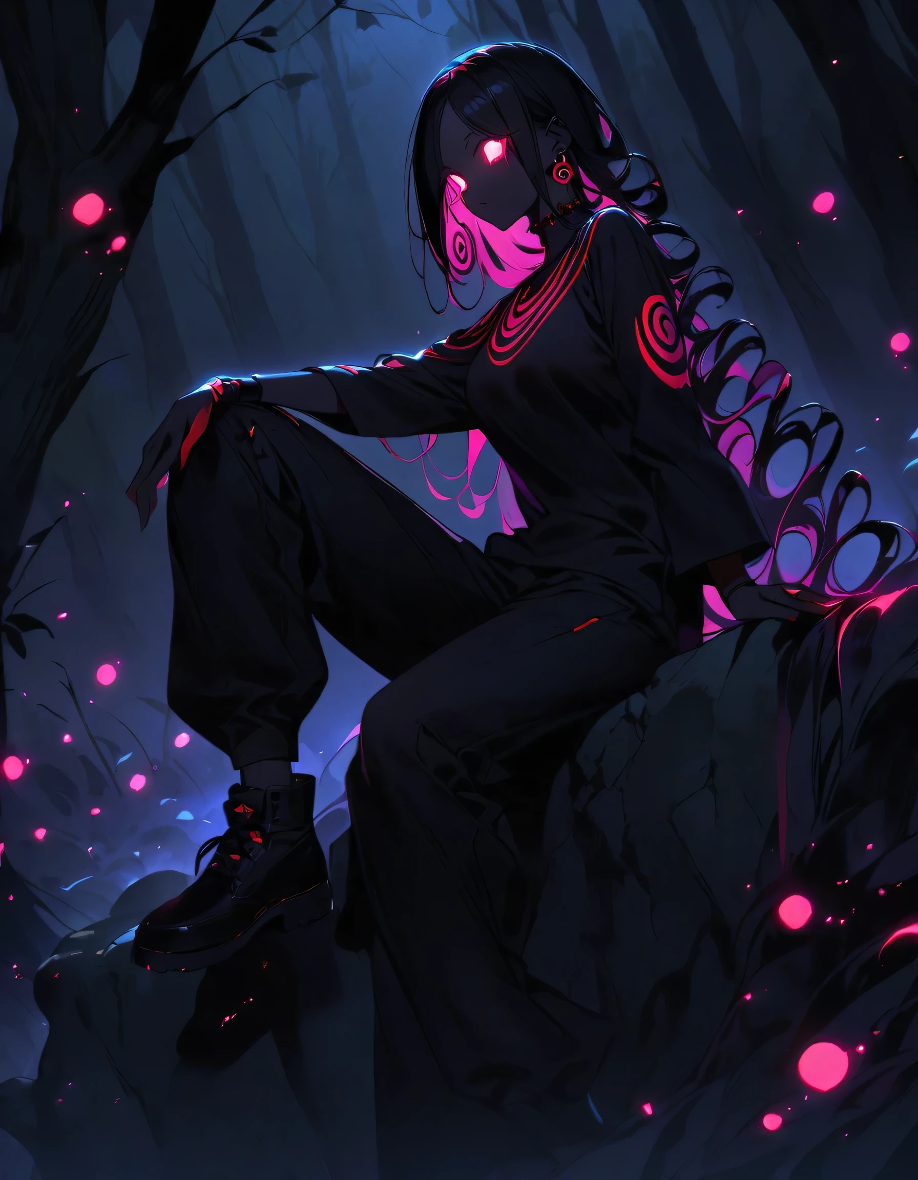 (well done:1)woman, completely dark skin, black spirals all over her body, long straight black hair, black cross earrings, completely white glowing eyes, black long-sleeved t-shirt with white spirals, black pants, black shoes. sitting on a rock in a forest